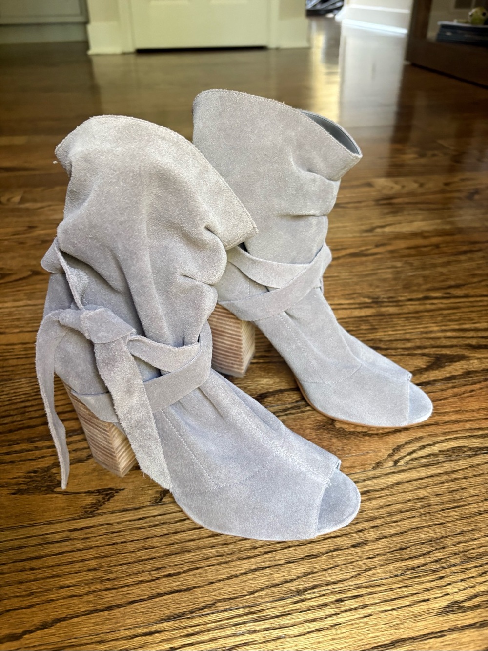 Nine West Light Gray Suede Peep-Toe Slouch Ankle Boots